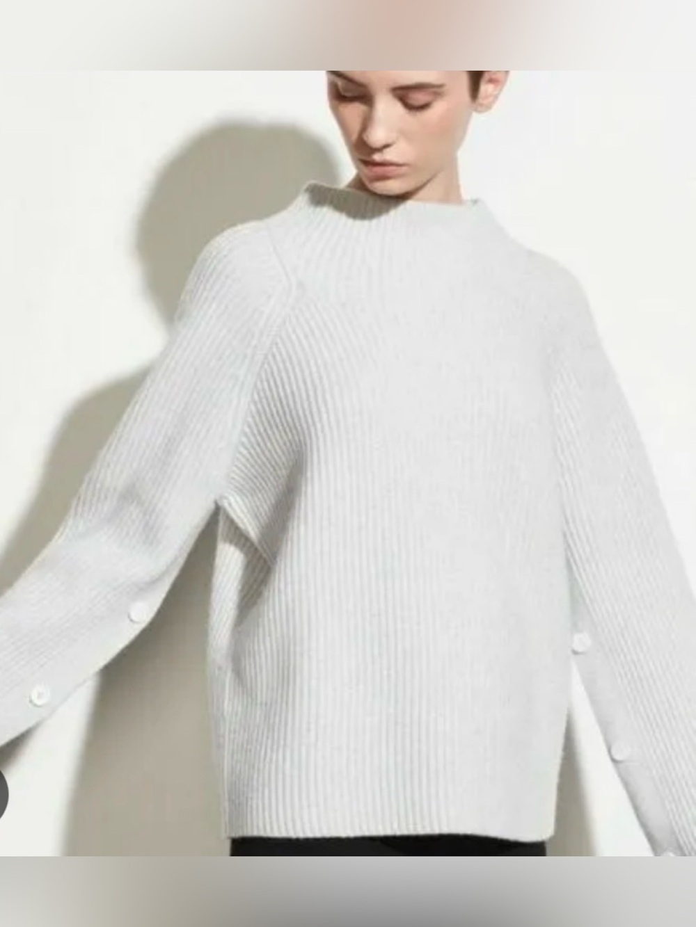 Vince Button Sleeve Funnel Neck Ribbed Cashmere Wool Sweater In Grey size Large